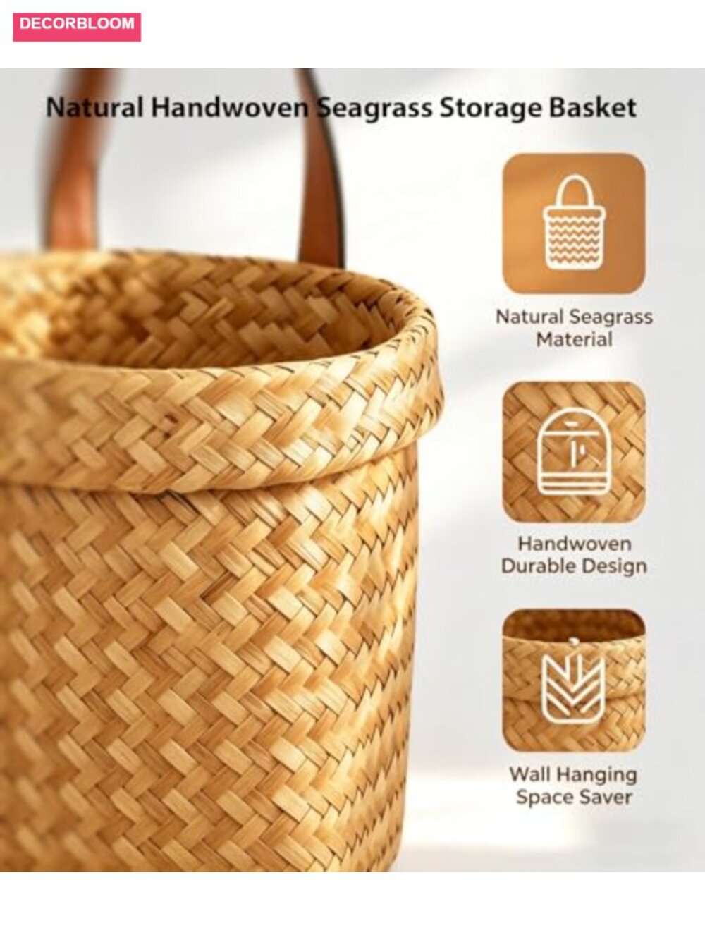 Natural Seagrass Wall Hanging Storage Basket with Leather Handle - Picture 2 of 6